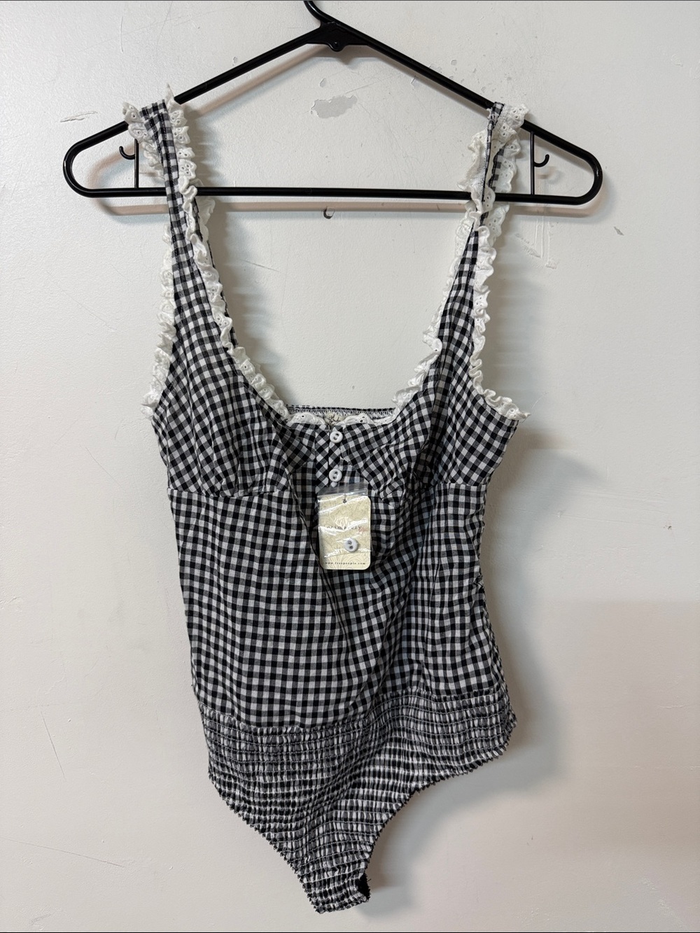 Free People Black & White Gingham Lace-Trim Bodysuit